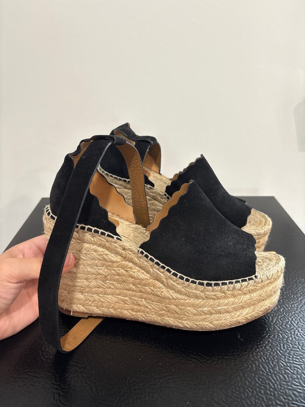 Chloé Suede Raffia Espadrille Platform Sandals Black Size 38 US 7.5